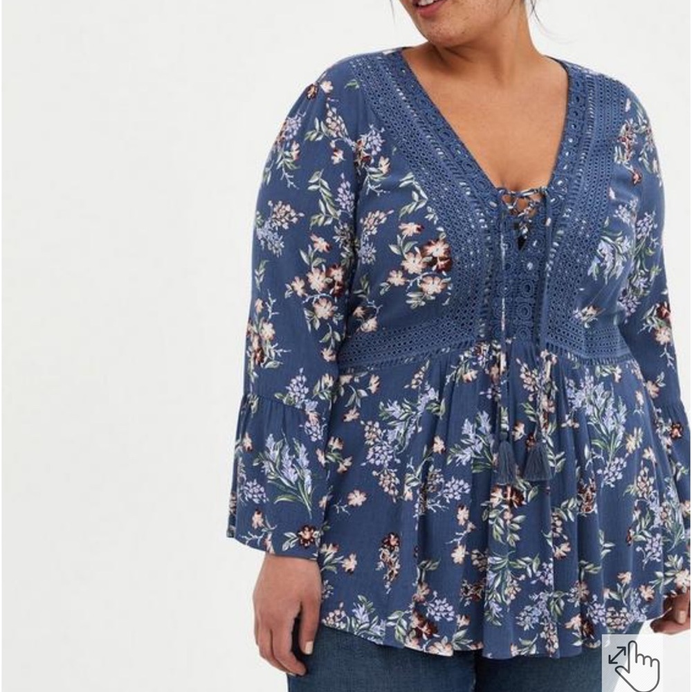 Torrid Babydoll Gauze Crochet Trim Lace-Up Top